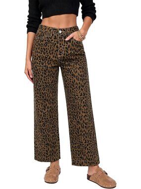 Trendy High Waisted Wide Leg Jeans for Women | Stretchy Cheetah Leopard Print